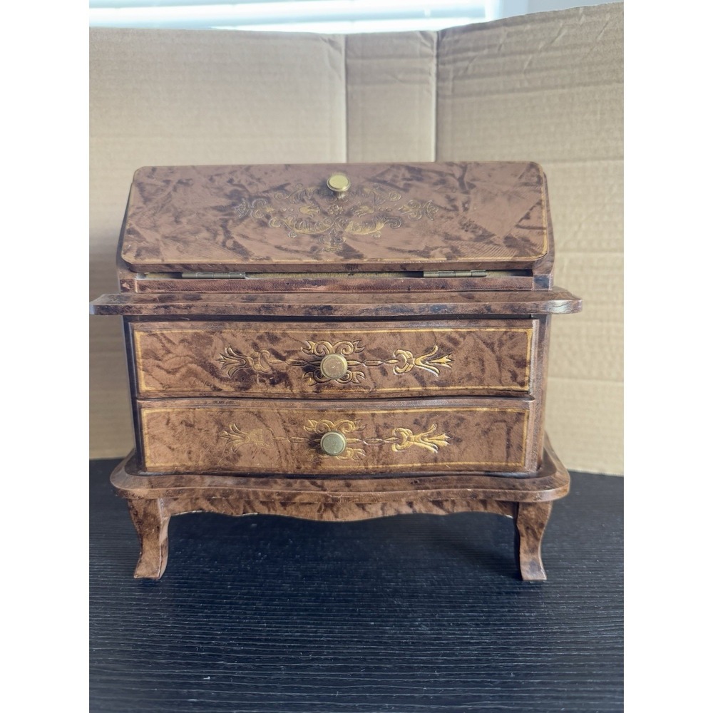 Vintage Napcoware Miniature Desk Secretary JewelryBox Wood w/velvet Lining